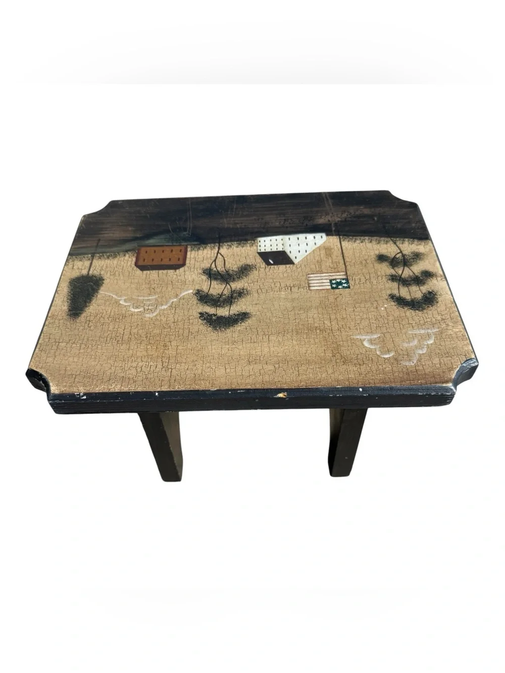 Vintage Hand Painted Primitive Americana Wood Footstool Folk Art Farmhouse Decor